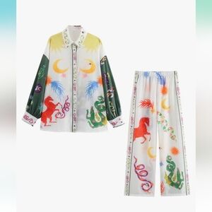 NWOT  2 Piece Lounge Wear Suit High Waist Printed Wide Leg‎ Pants Set Cream Sz S